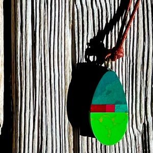 NWOT Handmade Artisan Wooden Inlay Pendant Necklace, adjustable, artist gift